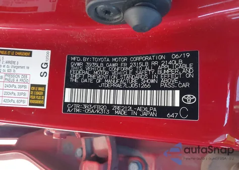 2020 Toyota Corolla Le из США, поврежденный, VIN JTDEPRAE7LJ051266